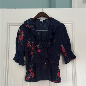 Joie Blue and Red Puff Sleeve Ruffled Blouse